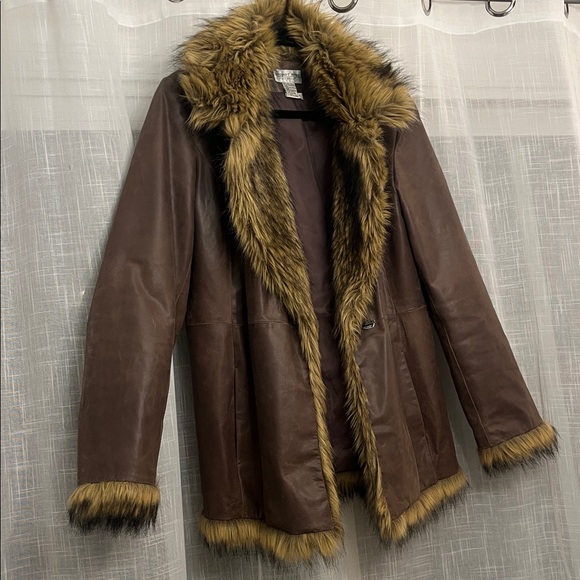Vintage Newport News brown leather faux fur penny lane coat size Large - Picture 6 of 15